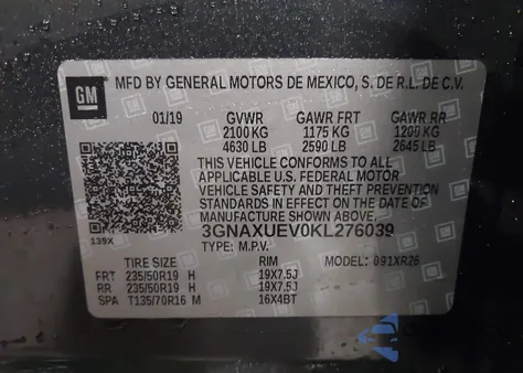 2019 Chevrolet Equinox Lt z USA, uszkodzony, nr VIN 3GNAXUEV0KL276039